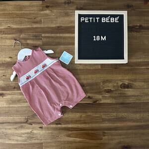 NWT Petit Bebe Red Stripe Smocked Knit Firetrucks Romper Cotton Sleeveless 18M